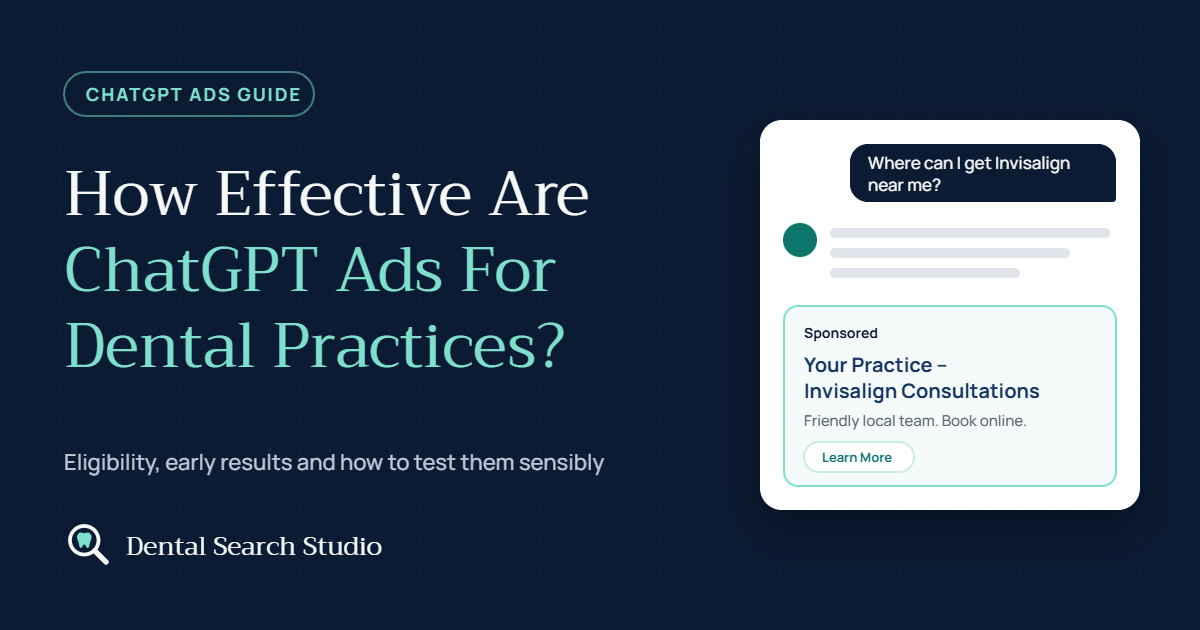 Illustration of a sponsored dental practice ad shown below a ChatGPT answer about Invisalign